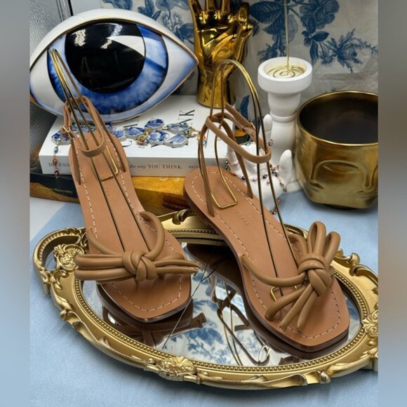 🆕 LOEFFLER RANDALL 🧿 NWOB Henriette Leather Bow Flat Sandal, Dune - Sz 7 - Picture 4 of 13